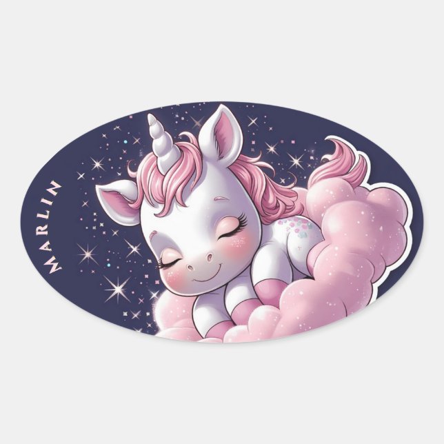 Ovalada Personalizable adorable Pegatina de Unicornio Rosa (Anverso)