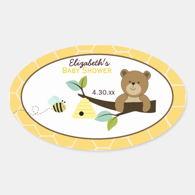 Ovalada Personalizado de oso y abeja  Oval Favor Pegatina (Anverso)