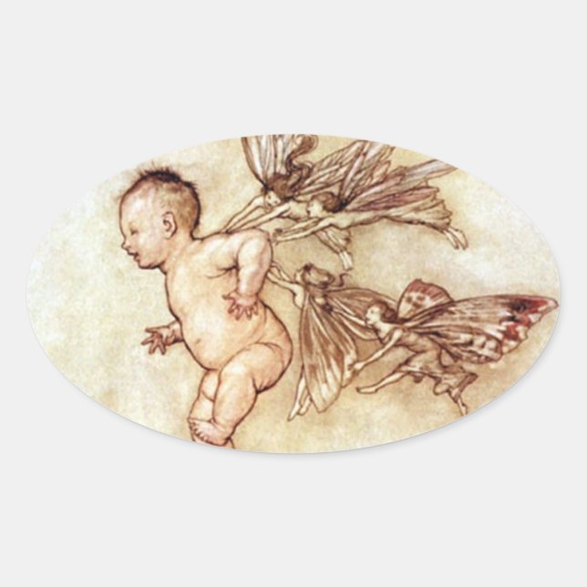 Ovalada Peter Pan: Bebé volador con Pegatina de las hadas (Anverso)