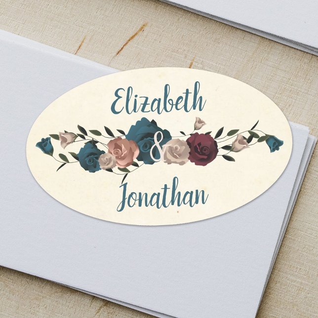 Ovalada Rosas verde azulados, beige, borgoñona y Pegatina (Oval Wedding Sticker Label with Couple's Names, Teal, Beige, Burgundy Roses Botanical Theme)