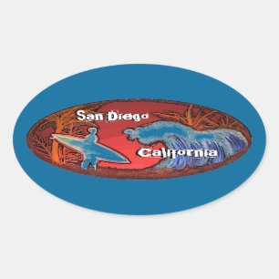 Ovalada San Diego California olas surfistas pegatina azul 