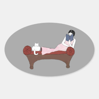 Ovalada Una dama, un gato y un muy buen Pegatina de libros