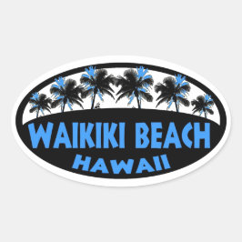 Ovalada Waikiki Beach Hawaii azul palmas negras pegatina o