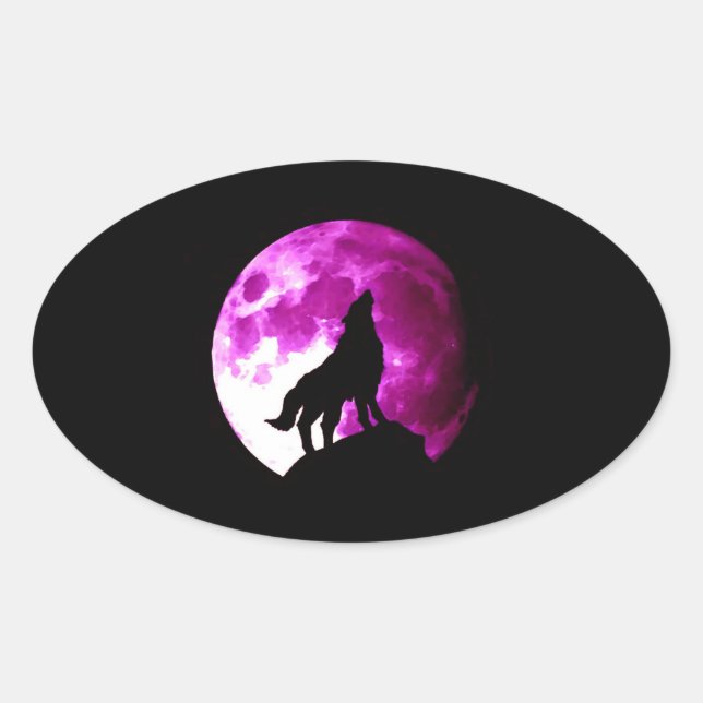 Ovalada Wolf Howling en Moon Oval Pegatina (Anverso)