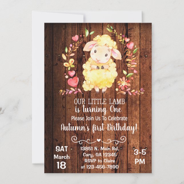 Oveja, cordero pequeño, invitación de cumpleaños c (Anverso)
