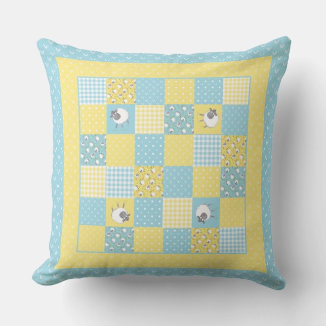 Oveja galesa divertida, patchwork falso, almohada  (Anverso)