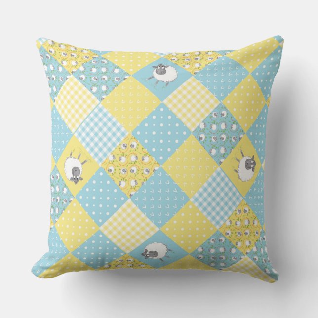 Oveja galesa divertida, patchwork falso, almohada  (Anverso)