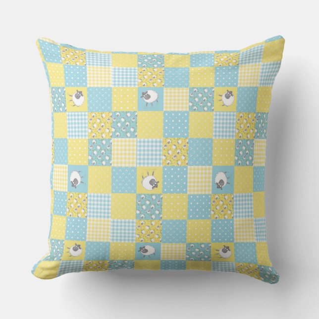 Oveja galesa divertida, patchwork falso, almohada  (Anverso)