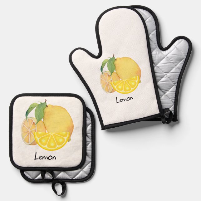 Oven mitt and pot holder set in a refreshing lemon (Anverso/Reverso)