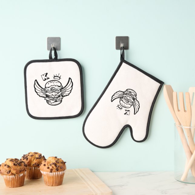 Oven Mitt & Pot Holder Set con hamburguesa. (Insitu (colgante))