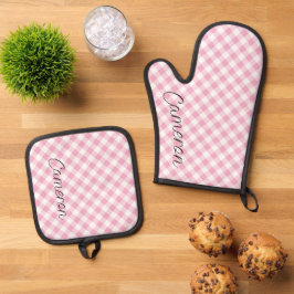 Oven Mitt Pot Holder Set Pink Gingham Personalizad