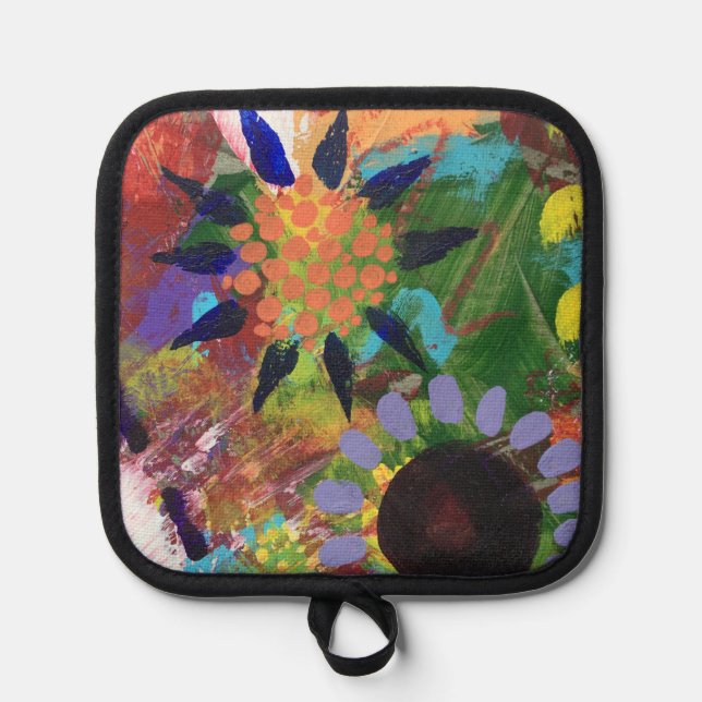 Oven Mitt y Pot Holders en las flores abstractas (Anverso)