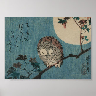 Owl and Moon, Poster japonés de arte vintage