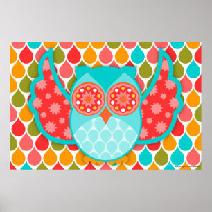 Owl Boheme Poster de Arte Verde azulado y Rojo