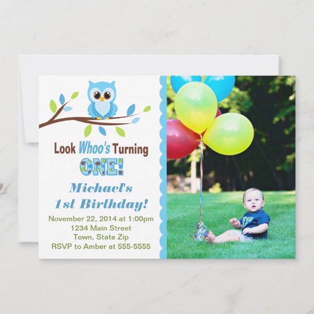 Owl Boy Invitación al primer cumpleaños Tarjeta fo (Anverso)