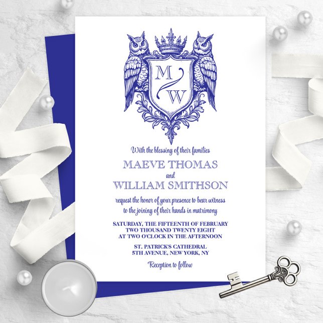 Owl Crest Royal Monogram Wedding Invitation (Subido por el creador)