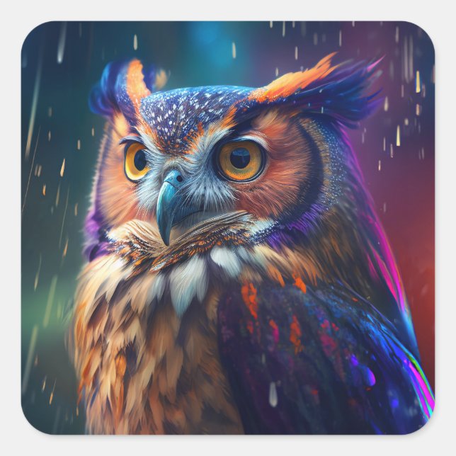 Owl in the Rain Vivid Art Pegatina (Anverso)