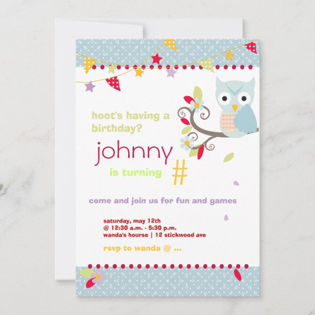 Owl, invitaciones para la fiesta de cumpleaños de  (Anverso)