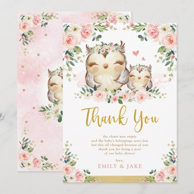 Owl Rubor Pink Roses Baby Shower Gracias Tarjeta (Anverso / Reverso)