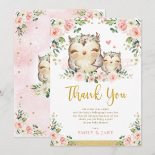 Owl Rubor Pink Roses Baby Shower Gracias Tarjeta