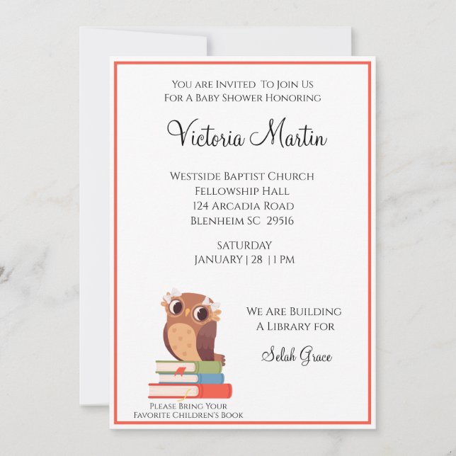 Owl Trae Una Invitación De Baby Shower A Un Libro (Anverso)