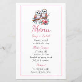 Owl Woodland Boho Rustic Country Wedding Menu