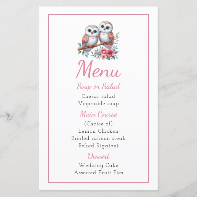 Owl Woodland Boho Rustic Country Wedding Menu (Anverso)