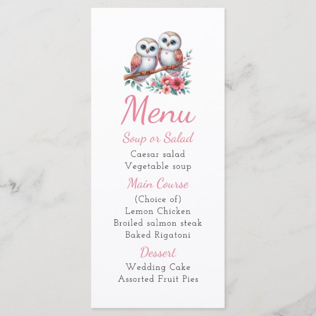 Owl Woodland Boho Rustic Country Wedding Menu (Anverso)