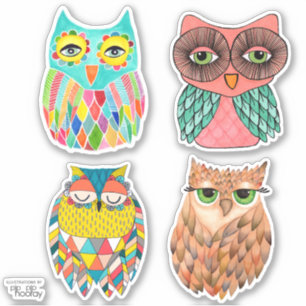 Owls Ilustracion Art Vinyl Pegatina Set
