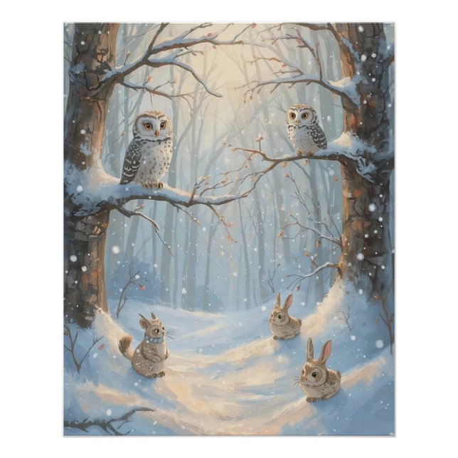 Owls, Rabbits, and Woodland in the Snow Poster (Anverso)