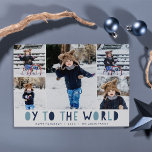 Oy to the World | Tarjeta de Collage de fotos Hanu<br><div class="desc">La fantástica tarjeta de fotos de Hanukkah muestra cinco de tus fotos familiares favoritas en un collage "Oy to the World" aparece debajo de la letra azul recortada. Personalice con su nombre o apellidos, el saludo de personalizados y el año a lo largo de la parte inferior. Las tarjetas cambian...</div>