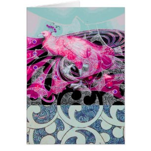 PÁCOCA ROSA CON FLORAL AZUL Y PLANTAS GEOMÉTRICAS