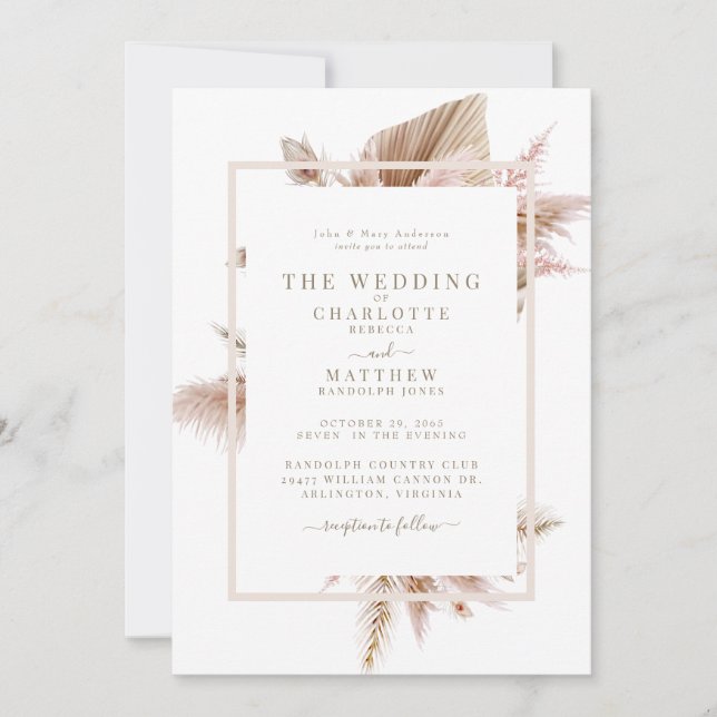Padres beige de pampas invitación a matrimonio (Anverso)