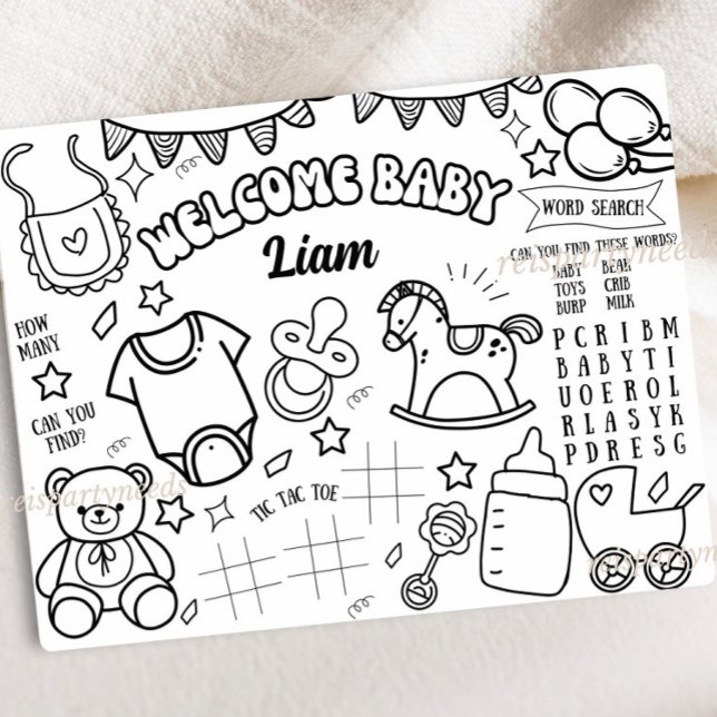 Página de actividad de juegos de mantel individual (Personalized Baby Shower Activity Fun Kids Coloring Page Gender Reveal Party Coloring Sheet Oh Baby )
