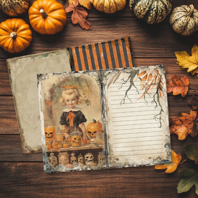 Página de Diario basura de Halloween, un Chica cre (Vintage Halloween Junk Journal Page featuring a creepy girl and skulls)