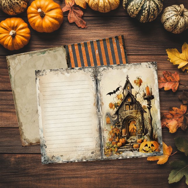 Página de diario de basura de Halloween de casa em (Vintage Halloween junk journal page featuring a haunted mansion)