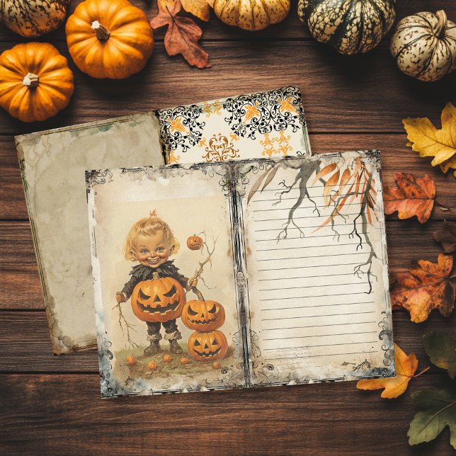 Página de Diario de correo basura de Halloween con (Vintage Halloween junk journal page with child and pumpkins)
