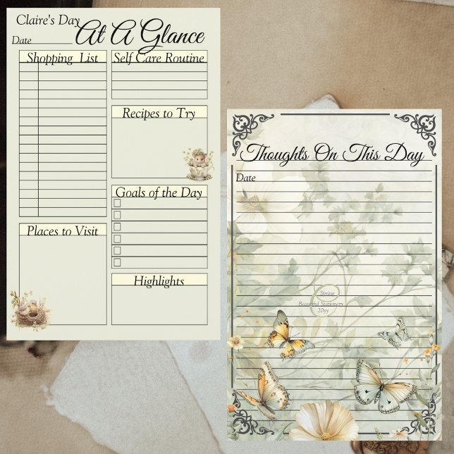 Página de enlace diario para aves y mariposas Cott (Cottagecore Bird and Butterflies Daily Binder Interior Page Front and Back)