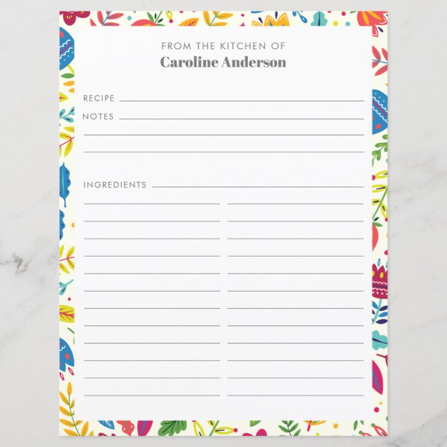 Página de la receta personalizada de floral barata (Anverso)