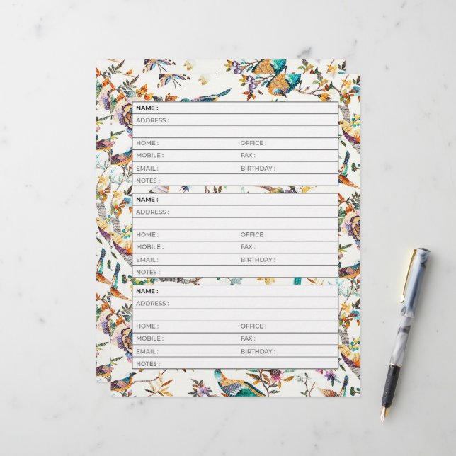 Página de libreta de direcciones de pájaros vintag (Anverso/Reverso In Situ)
