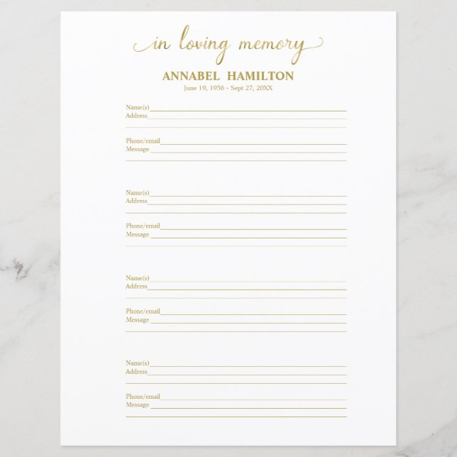 Página Funeral O Memorial Guest Book Filler (Anverso)