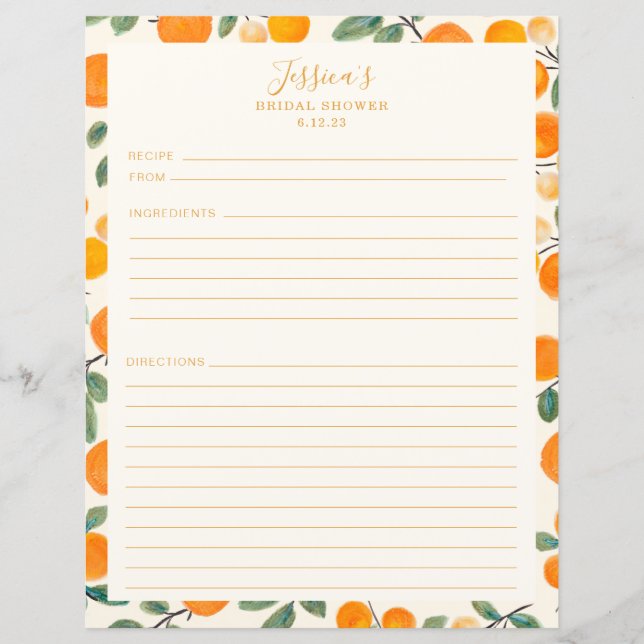 Página Naranja de acuarela Citrus Bridal Shower Re (Anverso)