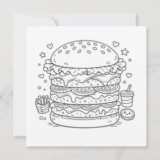 Página para colorear hamburguesa de comida Tarjeta