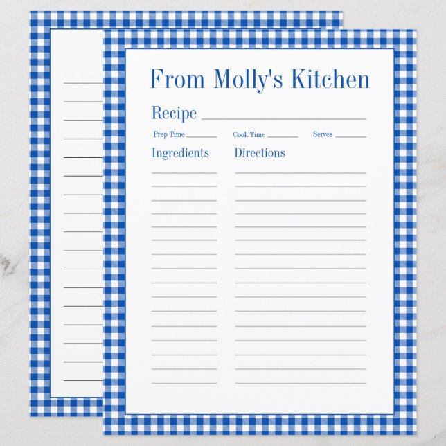 Página Receta de Cocina Justa de Gingham Azul y Bl (Anverso / Reverso)
