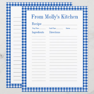Página Receta de Cocina Justa de Gingham Azul y Bl