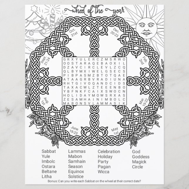 Página Rueda del Año Wicca Pagan Word Search (Anverso)