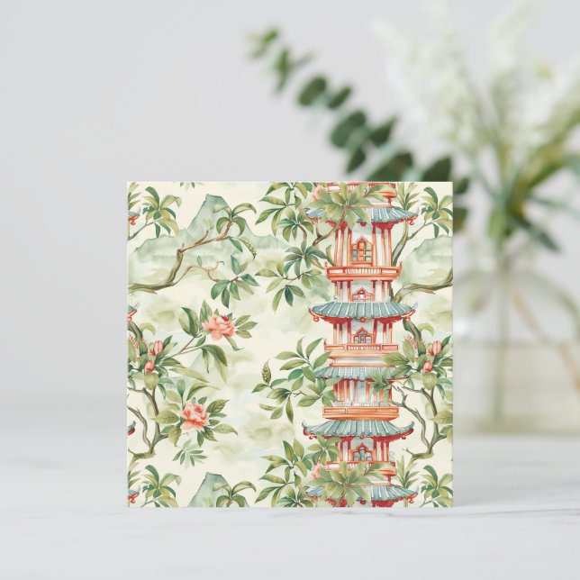 Pagoda asiática acuarela en paisaje verde (1) (Anverso de pie)