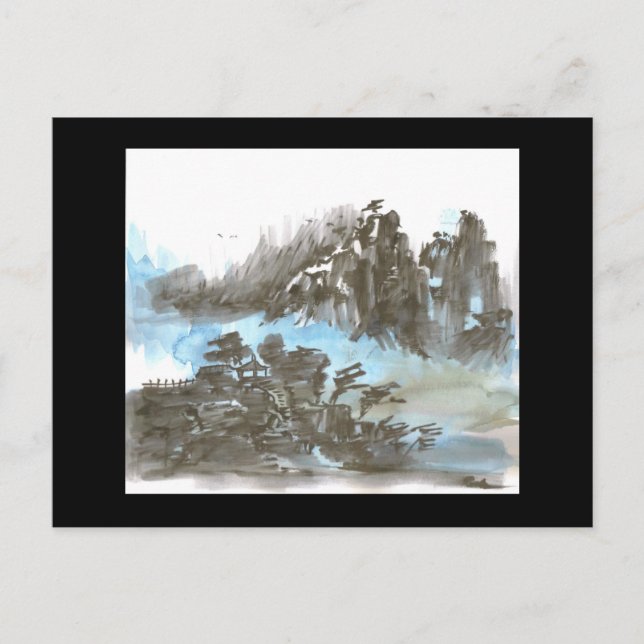 Pagoda en las montañas con postal negra (Anverso)
