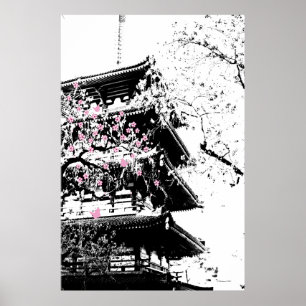 Pagoda Japonesa Blanco/Negro con Arte de Flores de