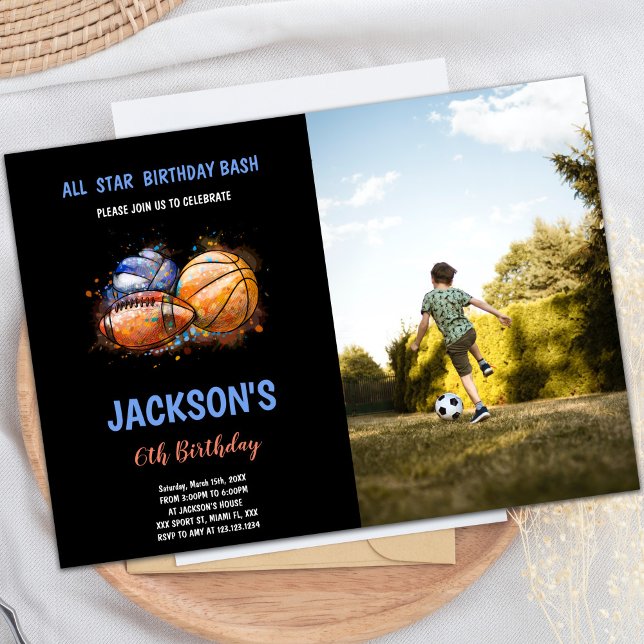 Paint Black Sports Birthday Invitaciones con foto (Paint Black Sports Birthday Invitations with photo)